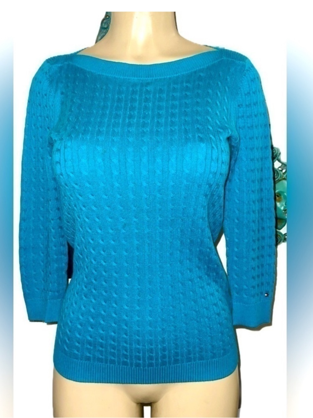 Tommy Hilfiger Turquoise Cable Knit Pima Cotton Sweater Top Size S/P - Picture 2 of 9